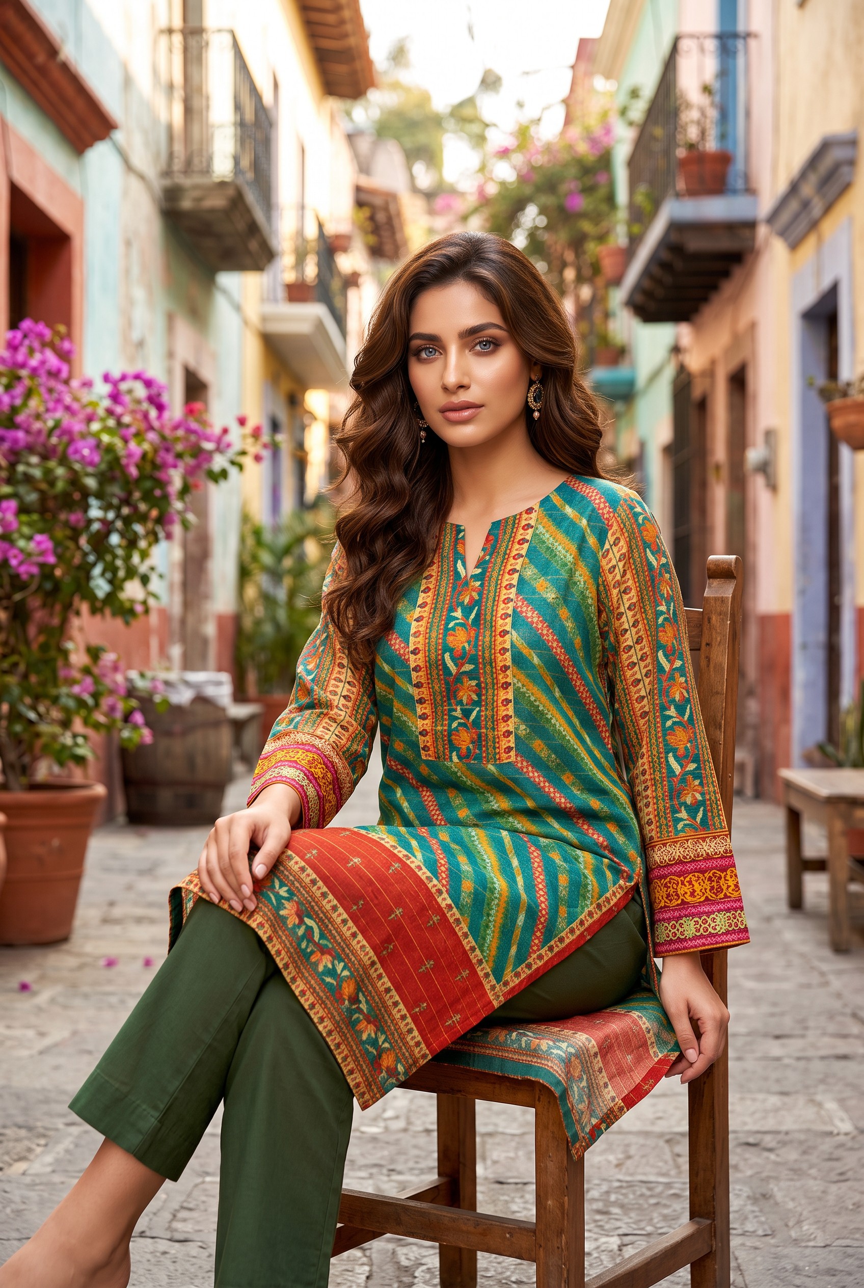 p000127-sharp (AI Fashion Models) Elegant Green Printed Kurti with Embroidered Neckline
