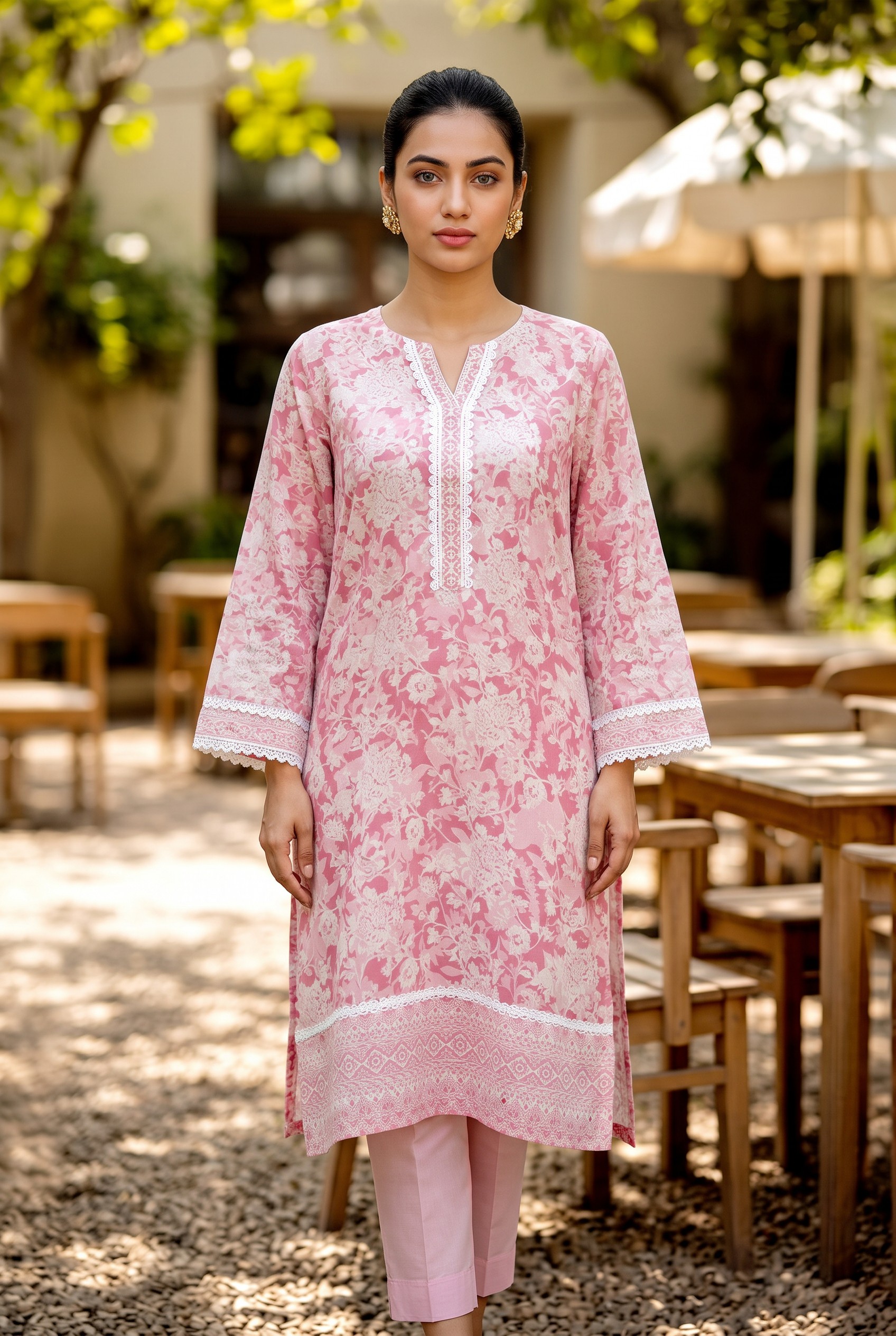 AI Fashion Models-f5a4db15-2d3b-438c-8efc-52722a7a359a Elegant Pink Floral Lawn Kurti – Soft Summer Print